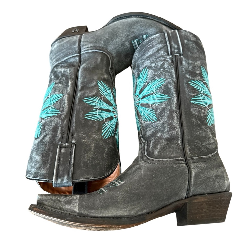 Eight Second Angel Leather Snip Toe Cheyenne Cowgirl Boots Gray and Turquoise 10 - Picture 7 of 10